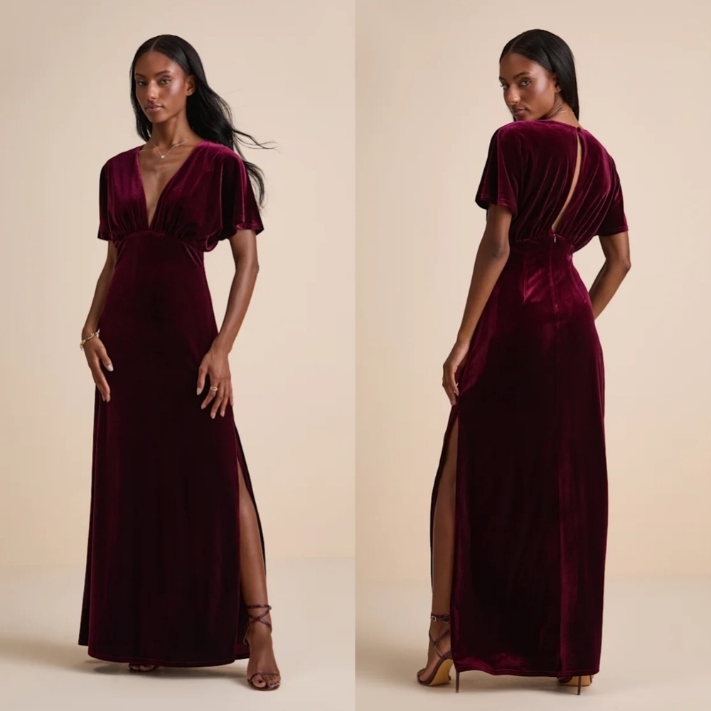 Lulus Mystical Charm Burgundy Velvet Flutter Sleeve Maxi Dress L Wedding Party